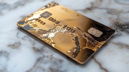 A gold credit card lying on a marble table, symbolizing luxury and financial power, gold credit card, wealth and status