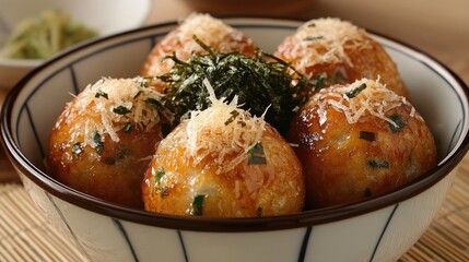 Authentic Japanese Takoyaki Balls in Bowl