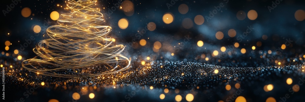 Poster interwoven golden and silver lines create a shimmering silhouette of a christmas tree, blending beau