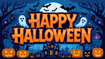 Festive Halloween scene with ghosts, bats, pumpkins, and a haunted house against a spooky night background.