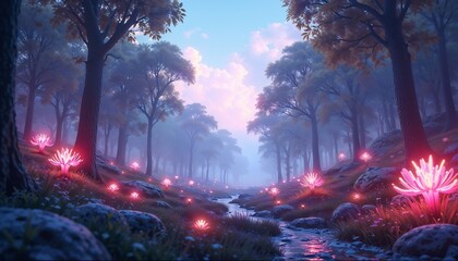 Enchanting forest with glowing flora and a serene stream in a mystical atmosphere