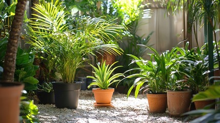 A garden area where a few indoor plants have been moved outside for watering and sunlight exposure.