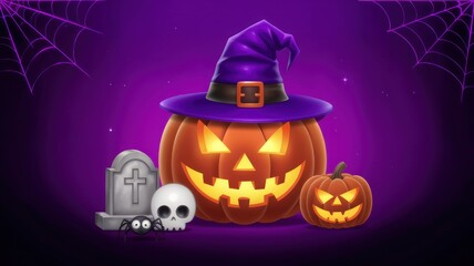 Halloween pumpkin with spooky elements on a purple background, featuring a witch hat, skulls, and gravestones.