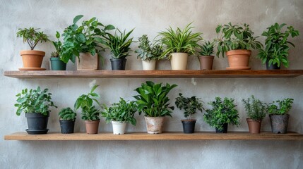 A collection of indoor plants neatly arranged on a wooden shelf, adding life and color to a minimalist home interior.