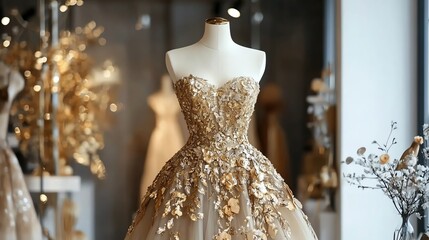 A shimmering gold dress draped on a mannequin, ready for a grand event, golden dress, fashion elegance