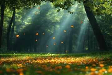 Fototapeta premium Bright autumn leaves dance in sunlight under trees in a peaceful forest clearing