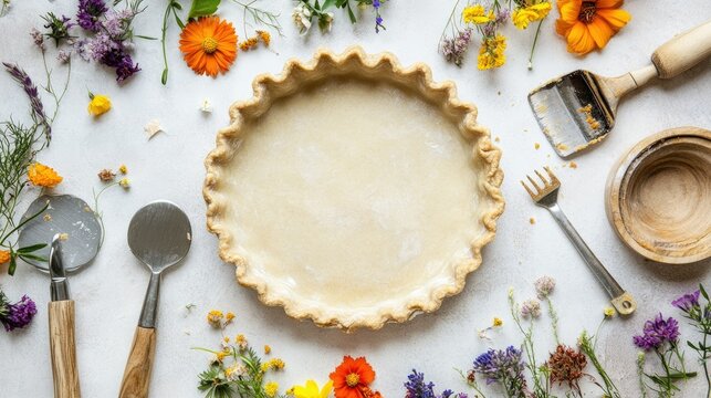 Fluted pie dish with empty crust, framed by baking tools and colorful edible flowers, ready for filling, on a light marble surface