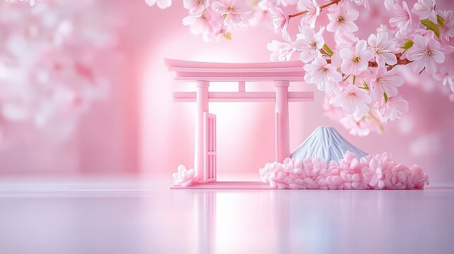  a cuddly Mount Fuji and a vibrant torii gate, surrounded by plush cherry blossoms, capturing the essence of ese beauty in a playful way.