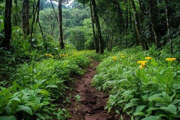 Fototapeta premium A vibrant forest path lined with medicinal plants like turmeric, ginger, and wild garlic, thriving in the rich soil beneath the tall trees, offering a glimpse of the forest's natural remedies