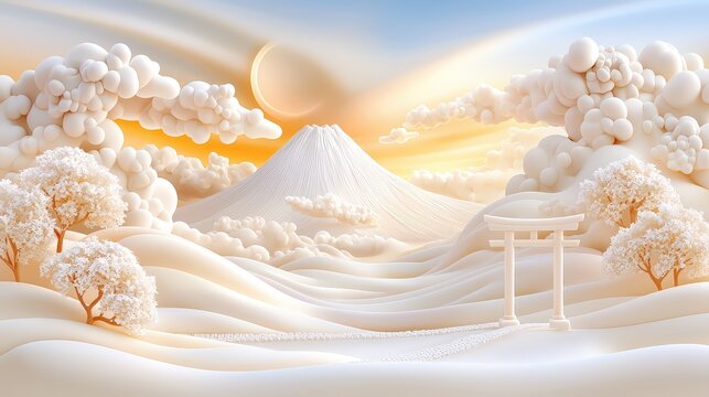 A whimsical  of Mount Fuji draped in soft pastel colors, with a delicate torii gate nestled in the foreground, creating a serene and inviting ese landscape.