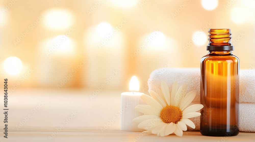 Poster essential oils are displayed on a wooden surface alongside candles and a flower, creating a calming 