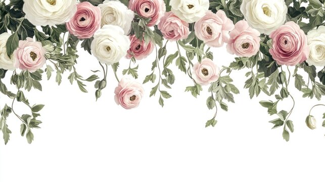 A decorative floral border featuring soft pink and white ranunculus flowers and greenery.