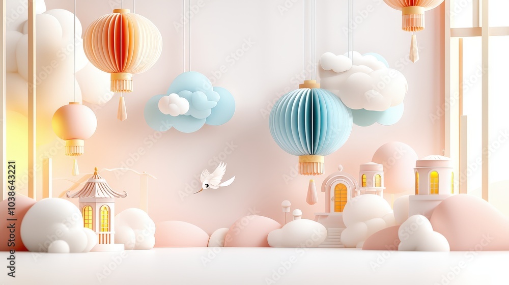 Aufkleber A visually appealing photograph of blue lanterns and auspicious clouds in a three-dimensional paper cut arrangement, perfect for creating a festive and inviting atmosphere during  New Year.