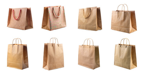 Brown Paper Bags with Different Designs and Handles, Cut Out.