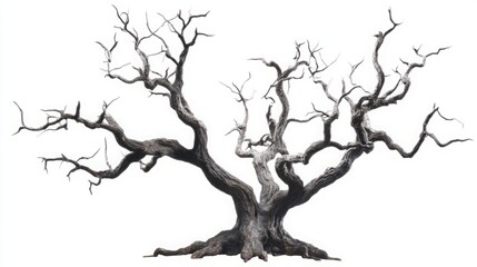 Haunting Elegance: An Ancient Dead Tree with Twisted Branches on a White Canvas