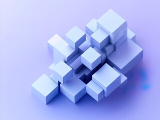 Obraz premium Futuristic Blue Cubic Assembly Poster: Minimalist Design for Modern Interiors, Perfect for Sports Spaces to Add Depth and Dimension Against a Subtle Pastel Backdrop.