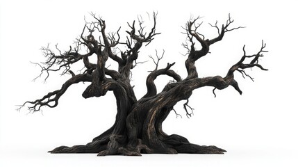 Haunting Elegance: An Ancient Dead Tree with Twisted Branches on a White Canvas