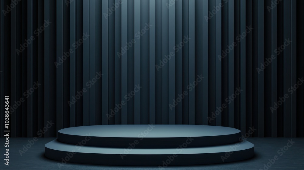 Poster a minimalistic stage with circular platform, illuminated by soft light against dark vertical stripes