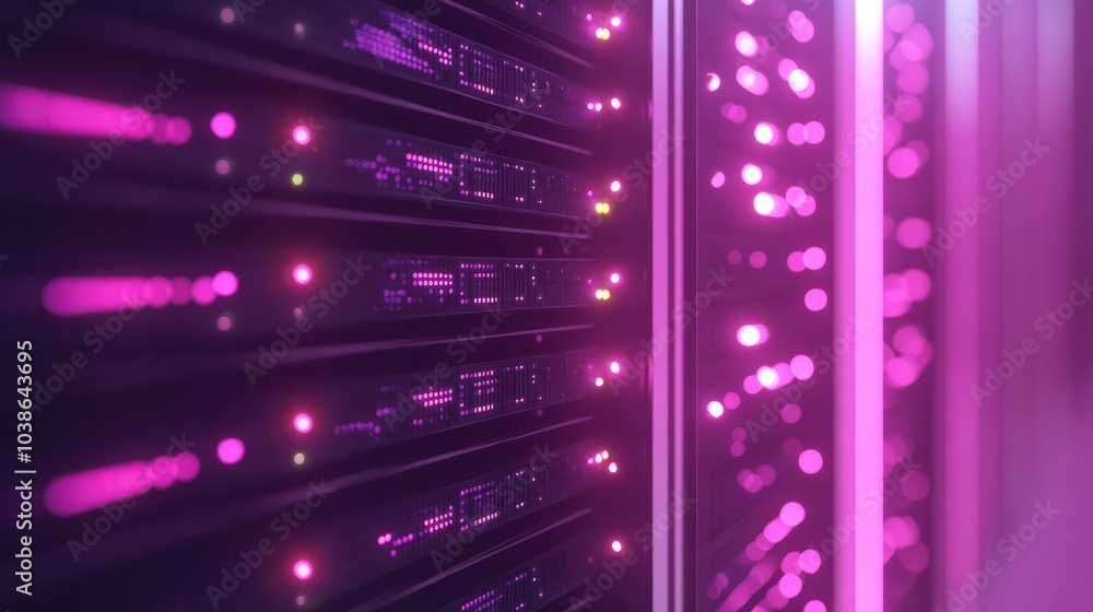 Poster network connections glowing between server racks in data center