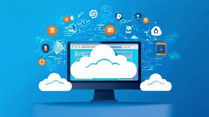 A digital representation of cloud computing with icons and data around a computer screen.
