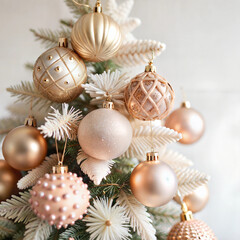 Elegant Christmas tree ornaments in gold and rose tones on festive tree
