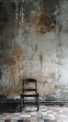 A solitary wooden chair sits against a weathered wall with peeling paint, creating a rustic and nostalgic atmosphere.