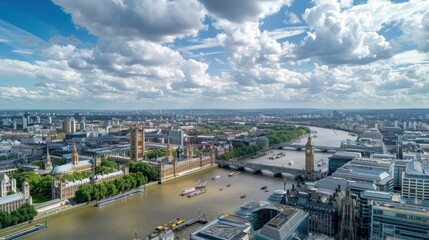 Obraz premium Aerial view of London showing the River Thames, Westminster, and surrounding cityscape. Concept of travel, cityscape, and London landmarks.