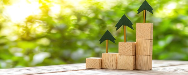 A progression of wooden blocks with green tree shapes on top, symbolizing growth and sustainability, set against a blurred green background.