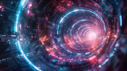 Obraz premium Futuristic Digital Tunnel: Glowing Lights Representing Data Flow and Connectivity in an Abstract Cyberspace
