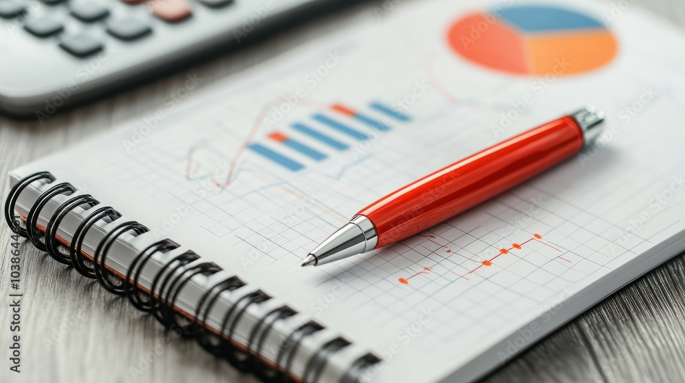 Poster pivot point concept on a notebook with business charts and a red pen on a desk