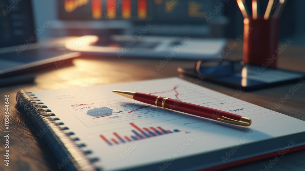 Poster pivot point concept on a notebook with business charts and a red pen on a desk