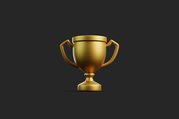 A front view of a golden trophy cup on a dark background, symbolizing victory, achievement, or recognition in competitions or awards. 3D render illustration