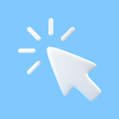 White cursor with click rays on a blue background, symbolizing digital interaction or web navigation. 3D render illustration