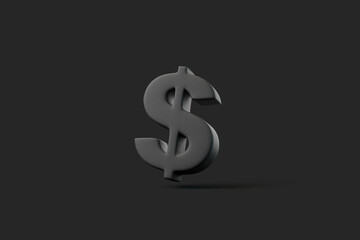 Black dollar sign symbol against a dark background, representing finance, money, and economic concepts in a sleek design. 3D render illustration