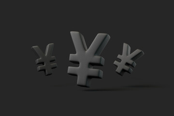 Obraz premium Multiple Yen currency symbols in dark gray, floating against a black background, representing Japanese finance and economy. 3D render illustration
