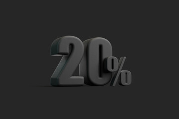 Black 20 percent symbol on a dark background, ideal for representing discounts, promotions, financial data, or analytics. 3D render illustration