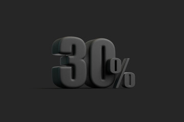 Black 30 percent symbol on a dark background, ideal for illustrating discounts, price reductions, or promotional offers. 3D render illustration