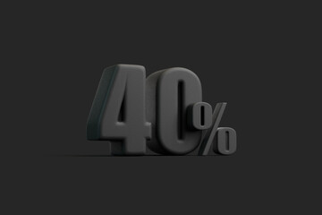 Number 40 percent in black, isolated on a dark background, symbolizing discounts, percentages, and financial calculations. 3D render illustration