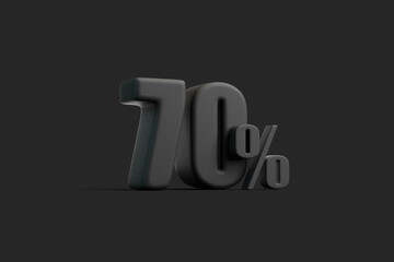 Black 70 percent symbol on a dark background, representing discount, percentage, or statistical data in a minimalist design. 3D render illustration