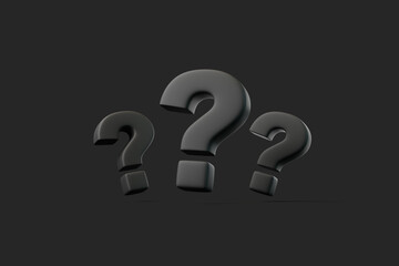 Three black question marks floating against a dark background, symbolizing uncertainty, inquiry, or confusion. 3D render illustration