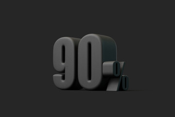 Black 90 percent symbol on a dark background, perfect for promotions, discounts, or financial content related to large reductions. 3D render illustration