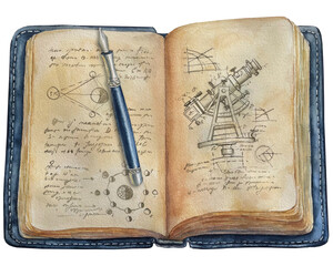 Old open book with handwritten scientific text and images. Astronomy book. Watercolor illustration © Oly