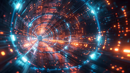 Fototapeta premium Futuristic Digital Tunnel: Glowing Lights Representing Data Flow and Connectivity in an Abstract Cyberspace