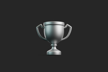 Silver trophy cup with handles, standing against a dark background, representing victory and success. 3D render illustration