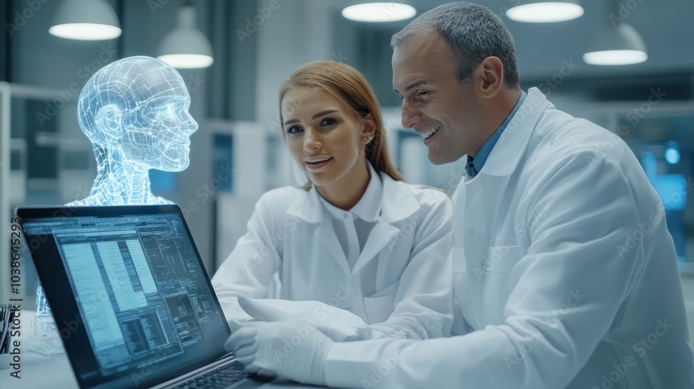 Poster portrait of two happy female and male engineers using laptop computer to analyze and discuss how to 