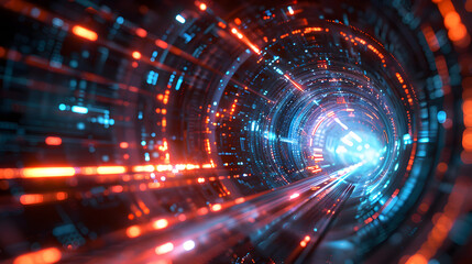 Obraz premium Futuristic Digital Tunnel: Glowing Lights Representing Data Flow and Connectivity in an Abstract Cyberspace