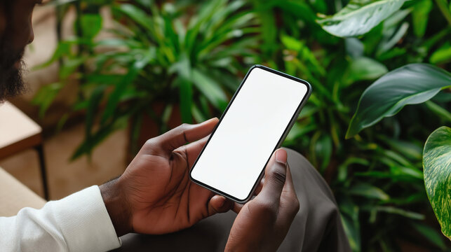 A man's hand holding a Phone with a white screen, plants. AI generation