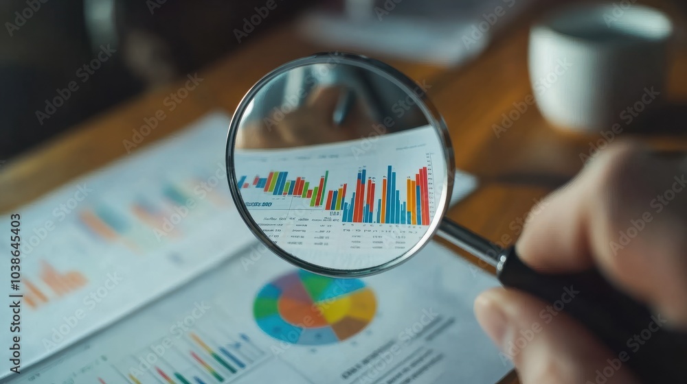 Aufkleber printed business documents with colorful charts and graphs being analyzed through a magnifying glass
