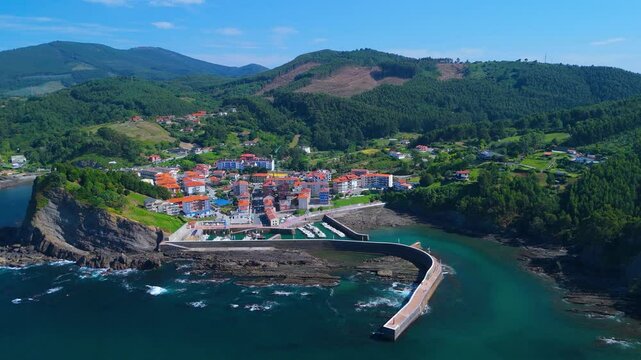 Aerial view from a drone of the landscape around the village of Armintza in the municipality of Lemoniz. Cantabrian Sea. Bizkaia. Basque Country. Spain. Europe