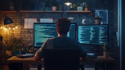 Rear view of a programmer working on code with a cloud computing concept.